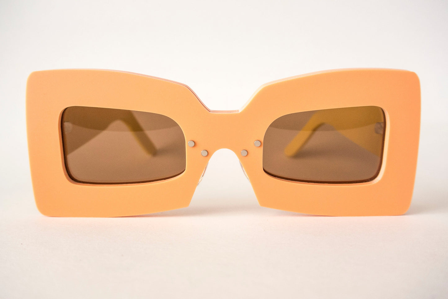 orange square glasses with brown lenses, 70s style