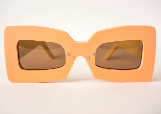 orange square glasses with brown lenses, 70s style