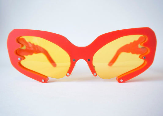 Bright red bug Y2K style glasses with yellow lenses