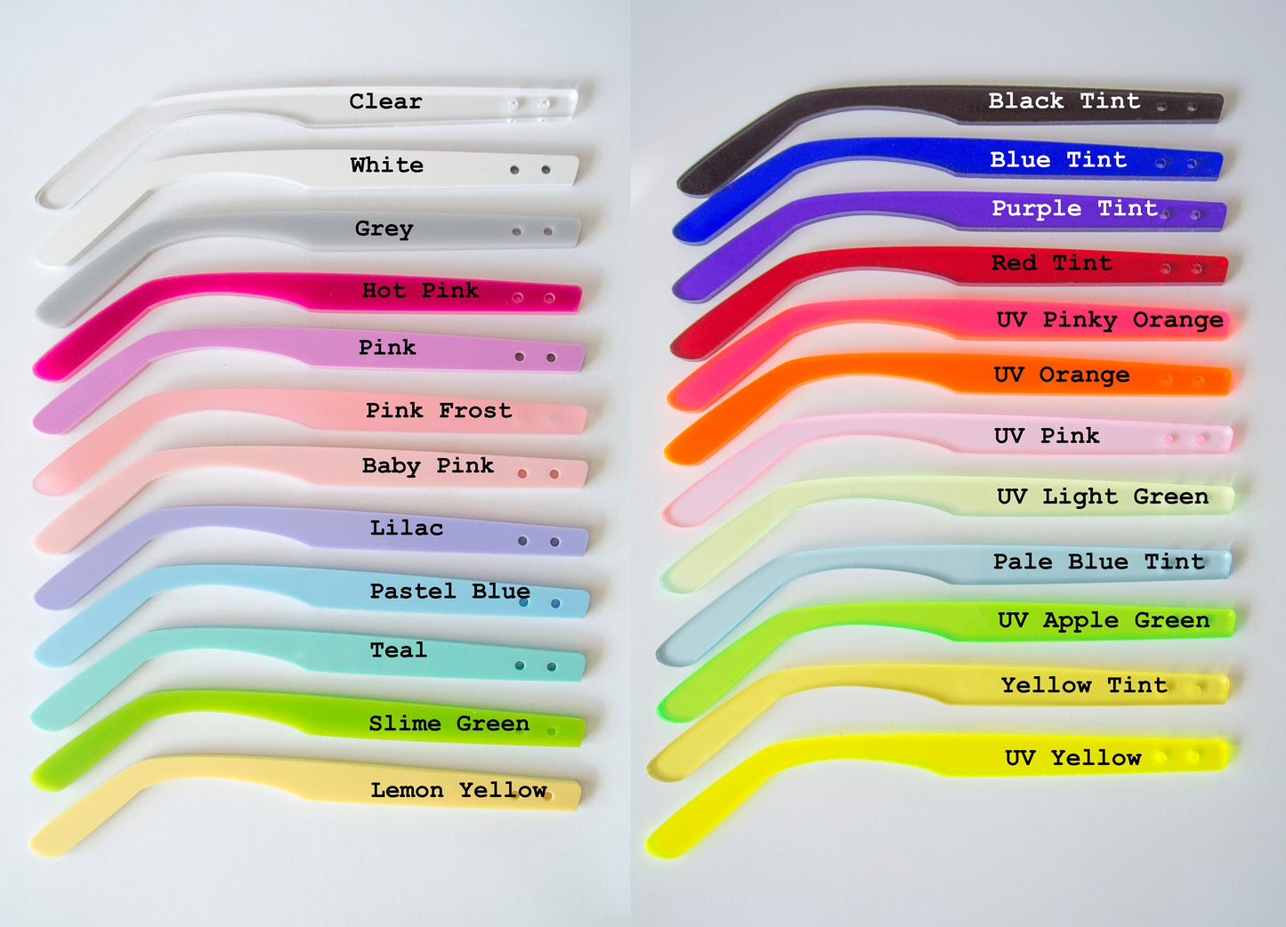 Colours available for the temples on custom glasses by animalhair