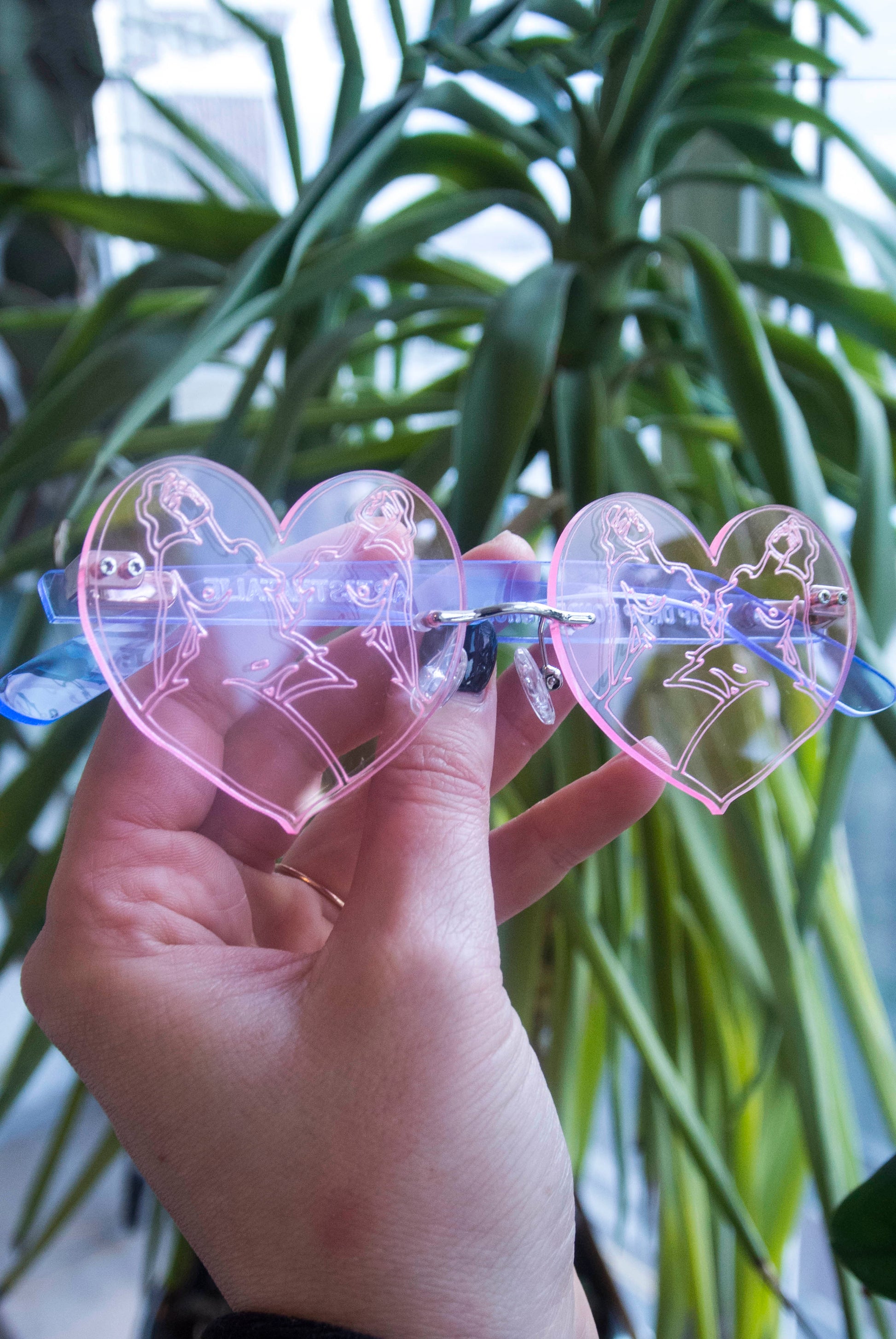 Heart shaped custom glasses with etched detail of nude women