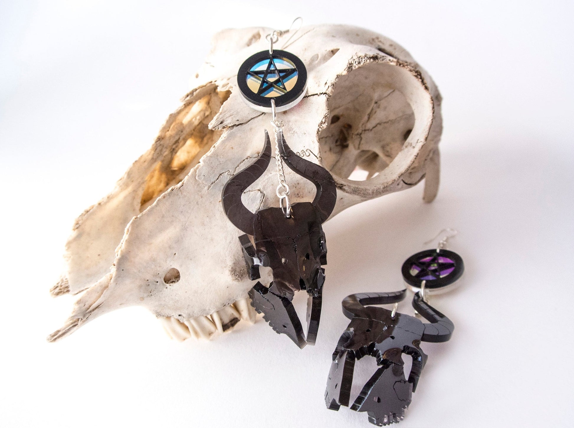 Black gothic goat skull earrings with pentagram by Anna Mulhearn